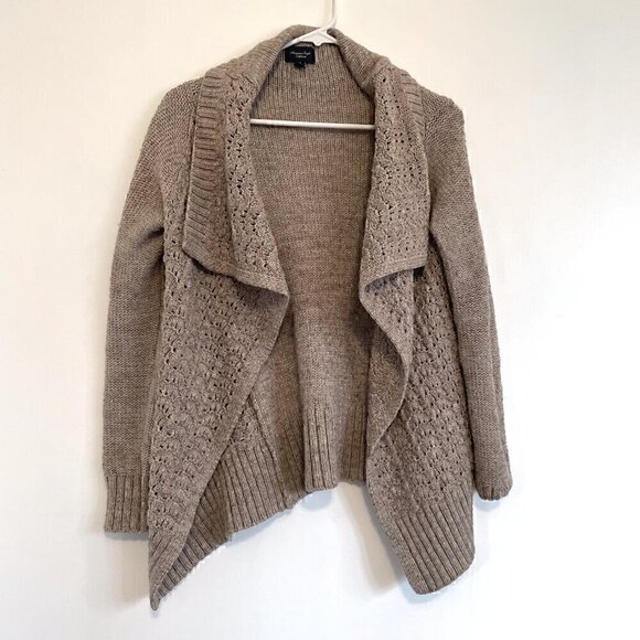 AMERICAN EAGLE Brown Gold Metallic Chunky Knit Open WOOL Draped Cardigan Sweater - Picture 2 of 12